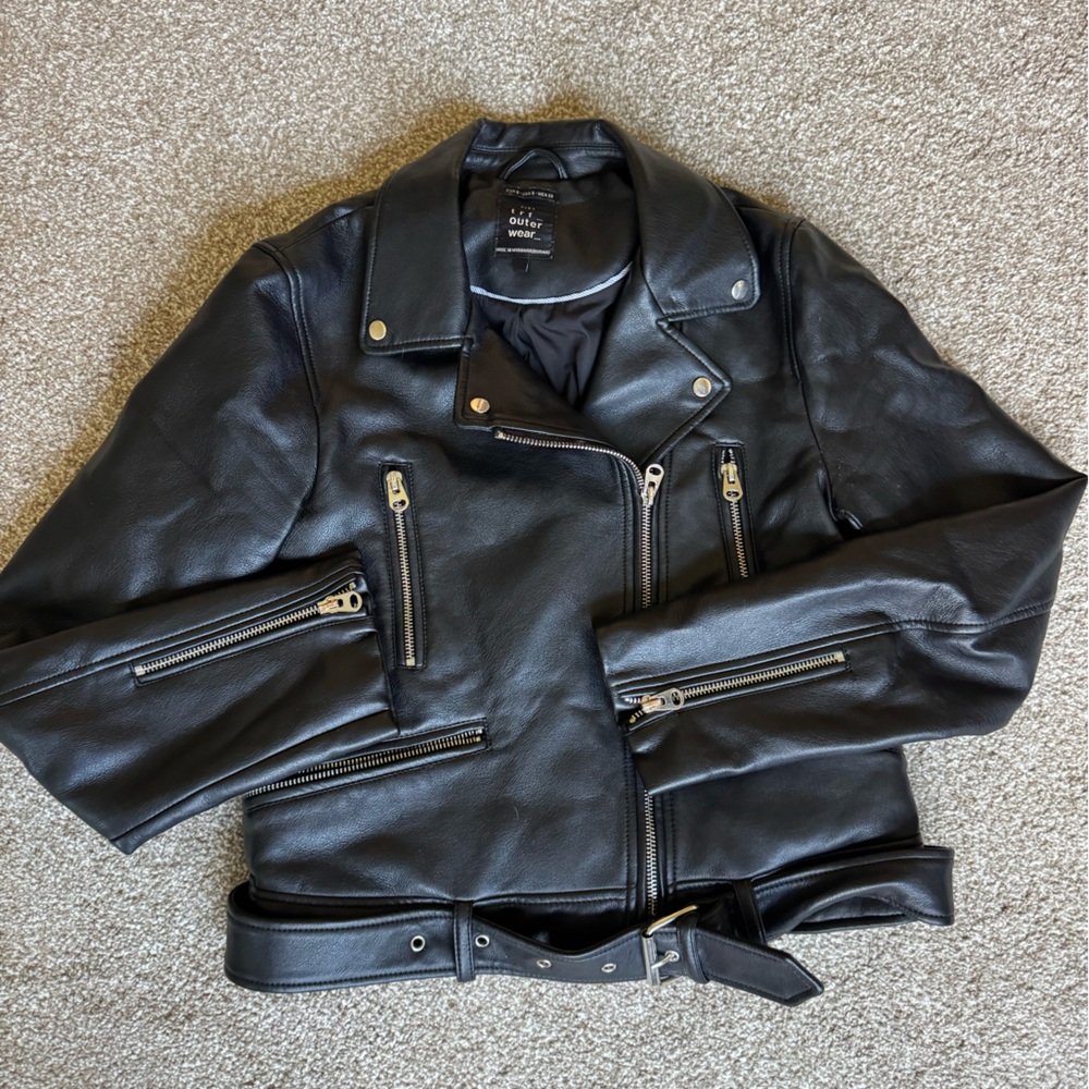 Zara Black Leather Biker Jacket with Zip Details